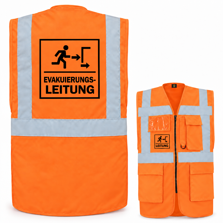 Multifunktionsweste aus orangefarbenem Polyester mit Reflexstreifen, Taschen und Reißverschluss; Evakuierungsleitung Weste mit Aufdruck.
