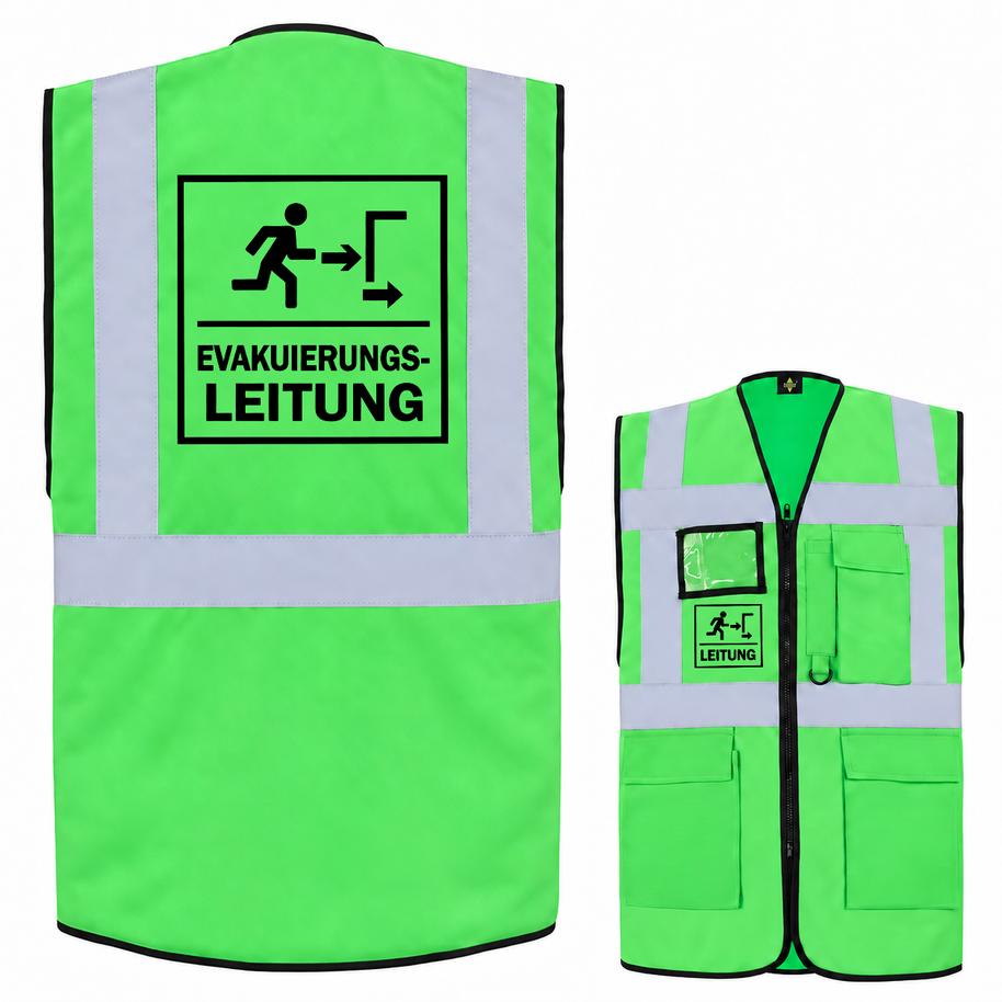 Evakuierungsleitung Weste aus grünem Polyester mit Reflexstreifen, Reißverschluss, Taschen und schwarzem Leitung-Aufdruck.