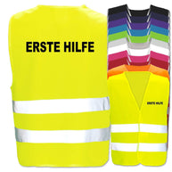 Erste Hilfe-Warnweste mit zwei Leuchtstreifen in verschiedenen Farben und Größen, retroreflektierend und zertifiziert