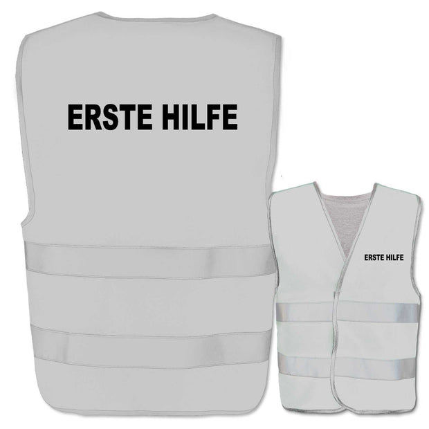 Erste Hilfe-Warnweste mit zwei Leuchtstreifen in Gelb und Orange von EasyMesh, verfügbar in mehreren Größen und individuell bedruckbar