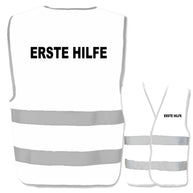 Erste Hilfe-Warnweste mit zwei Leuchtstreifen in gelb und orange, verschiedene Größen und individualisierbarer Aufdruck