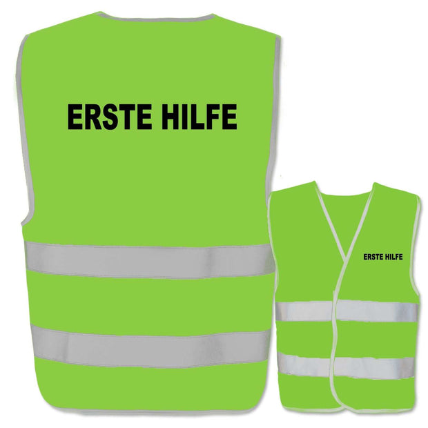 Erste Hilfe-Warnwesten in grün mit zwei Leuchtstreifen und individuellem Aufdruck, zertifiziert nach EN ISO 20471, von EasyMesh