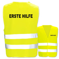 Erste Hilfe-Warnwesten mit zwei Leuchtstreifen in verschiedenen Farben und Größen