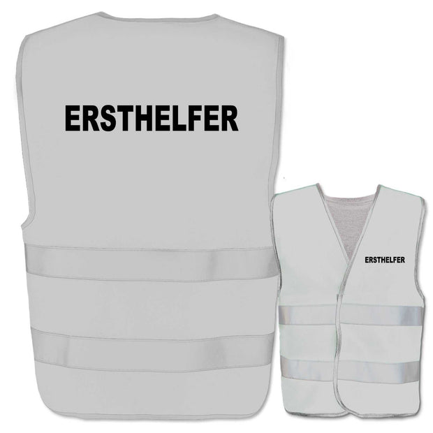 Ersthelfer-Warnwesten mit zwei Leuchtstreifen in Grau mit schwarzem Aufdruck und verstellbaren Klettverschlüssen
