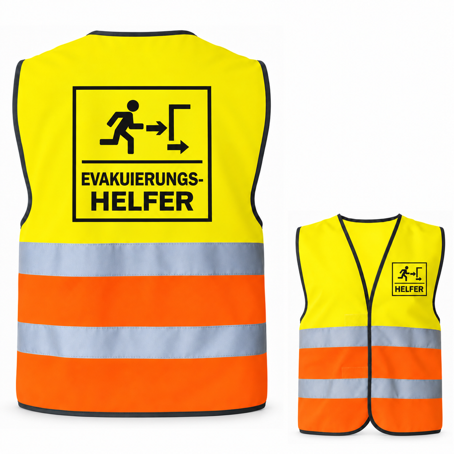 Evakuierungshelfer-Warnweste – Signal-Gelb / Signal-Orange – Vorder- und Rückseite