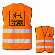 Evakuierungshelfer-Warnweste – Signal-Orange (Saum Schwarz) – Vorder- und Rückseite