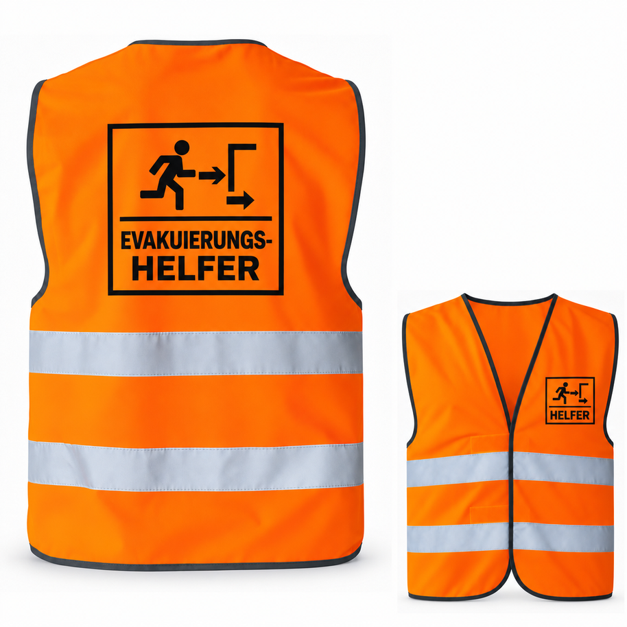 Evakuierungshelfer-Warnweste – Signal-Orange (Saum Schwarz) – Vorder- und Rückseite