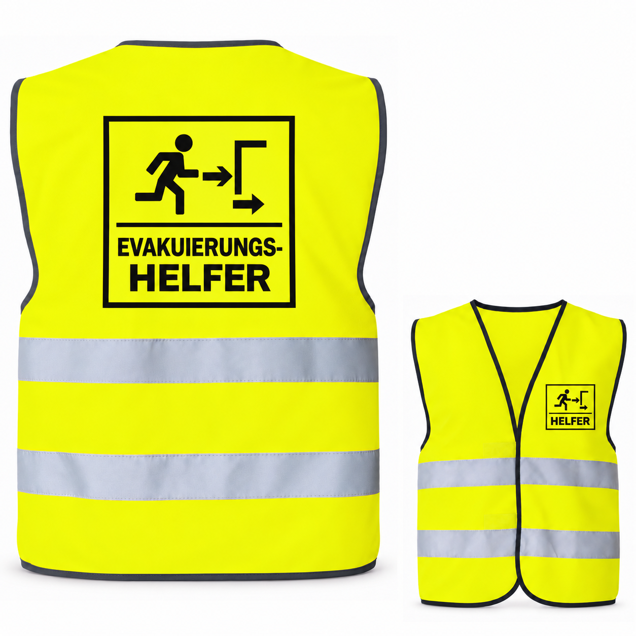 Evakuierungshelfer-Warnweste – Signal-Gelb (Saum Schwarz) – Vorder- und Rückseite