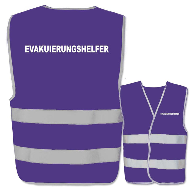 Purple Evakuierungshelfer-Warnweste with two reflective stripes and white text on front and back