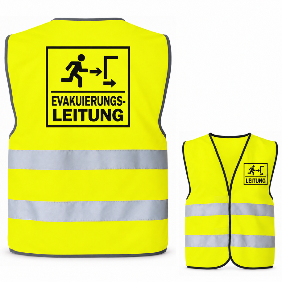 Evakuierungsleitung-Warnweste – Signal-Gelb (Saum Schwarz) – Vorder- und Rückseite