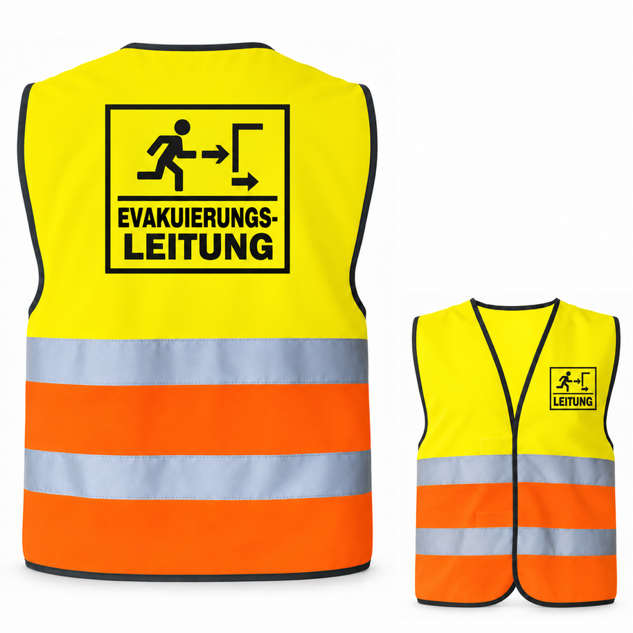 Evakuierungsleitung-Warnweste – Signal-Gelb / Signal-Orange – Vorder- und Rückseite