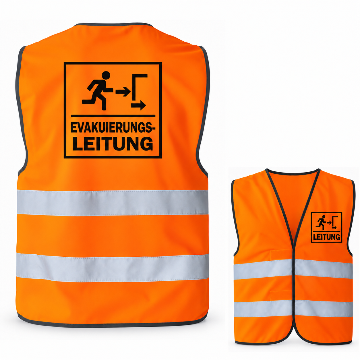 Evakuierungsleitung-Warnweste – Signal-Orange (Saum Schwarz) – Vorder- und Rückseite