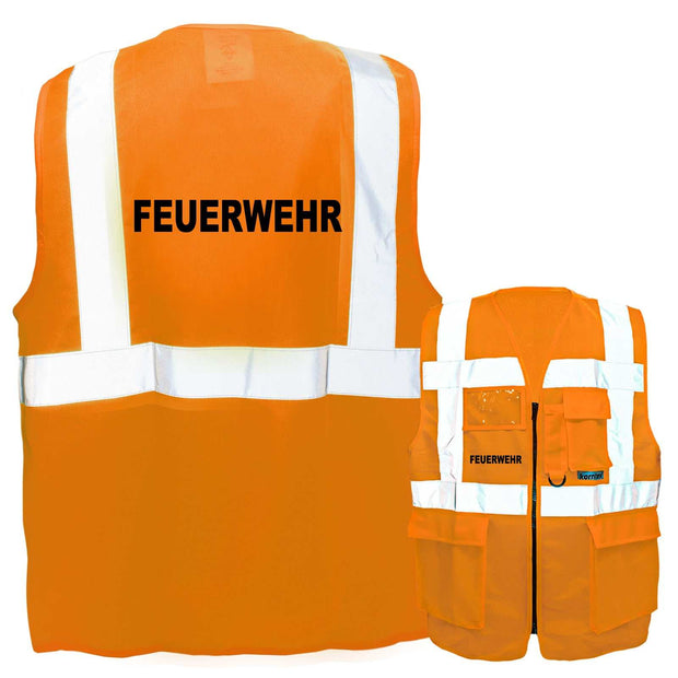 Feuerwehr-Multifunktionsweste mit Taschen und Reißverschluss in orange mit Reflexstreifen und Feuerwehr-Aufdruck