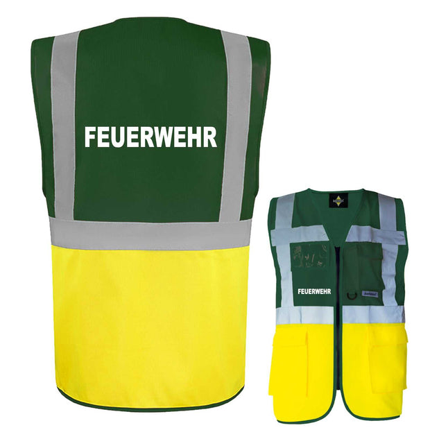 Feuerwehr-Multifunktionsweste mit Taschen und Reißverschluss in Grün und Gelb mit reflektierendem Aufdruck Feuerwehr