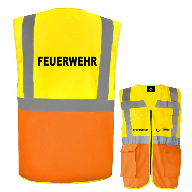 Feuerwehr-Multifunktionsweste mit Taschen, Reißverschluss, reflektierende Sicherheitsweste in Gelb und Orange, zertifiziert nach EN ISO 20471 Klasse 2.