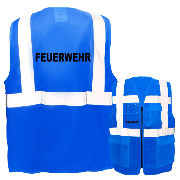Blaue Feuerwehr-Multifunktionsweste mit Taschen und Reißverschluss, reflektierende Streifen, individuell bedruckbar