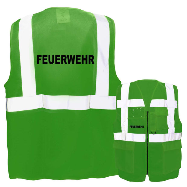 Grüne Feuerwehr-Multifunktionsweste mit Taschen, Reißverschluss und retroreflektierenden Streifen