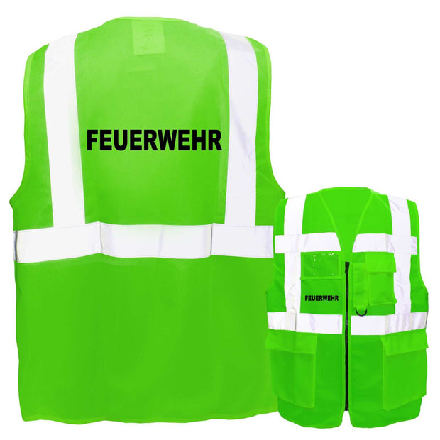 Feuerwehr Multifunktionsweste mit Taschen und Reißverschluss in leuchtgrün mit reflektierenden Streifen