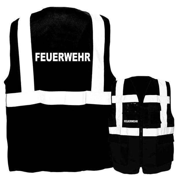 Multifunktionsweste mit Taschen Feuerwehr schwarz mit reflektierenden weißen Streifen und Reißverschluss