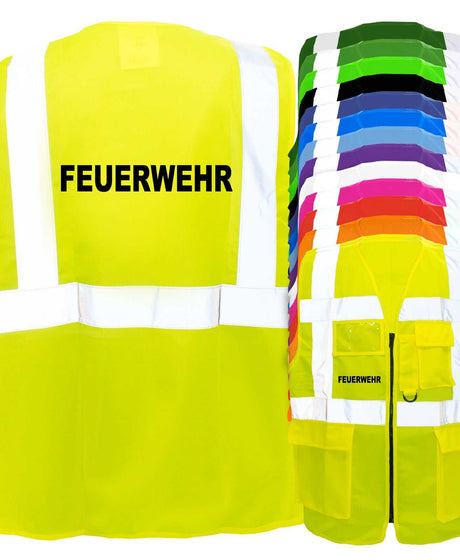 Feuerwehr Multifunktionsweste mit Taschen und Reißverschluss in gelb und weiteren Farben, mit reflektierenden Leuchtstreifen und individuellem Druck.