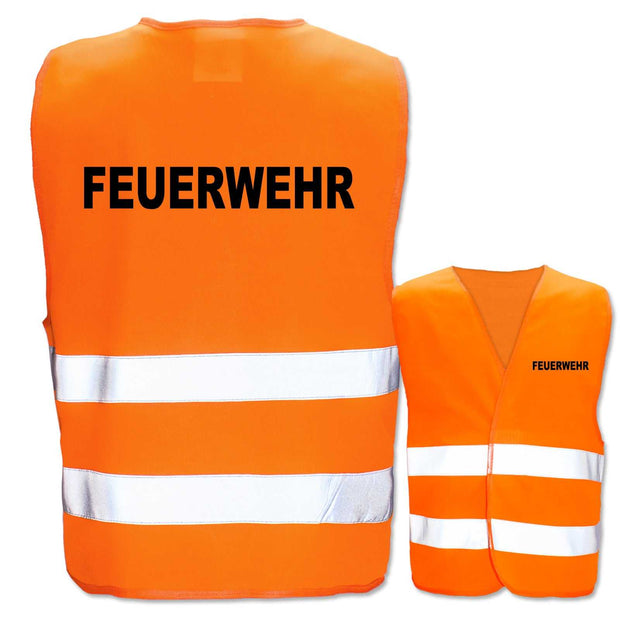 Orange Feuerwehr-Warnwesten mit zwei reflektierenden Leuchtstreifen in verschiedenen Größen und konfigurierbarem Aufdruck