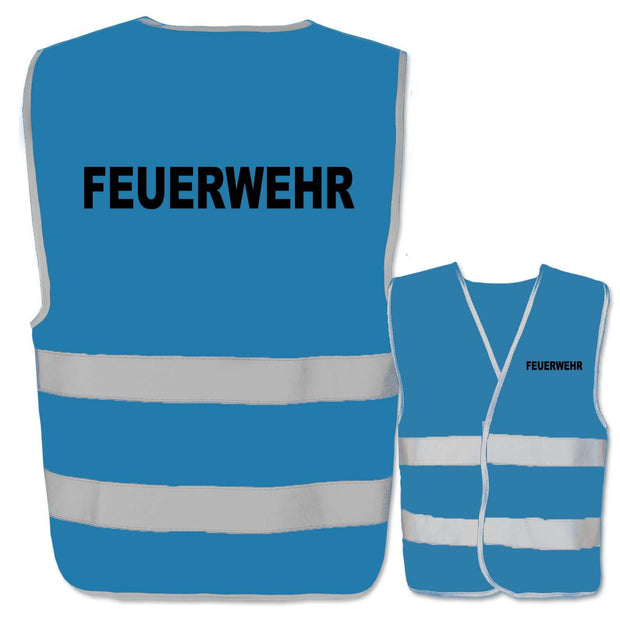 Blaue Feuerwehr-Warnweste mit zwei reflektierenden Leuchtstreifen und schwarzem Aufdruck Feuerwehr
