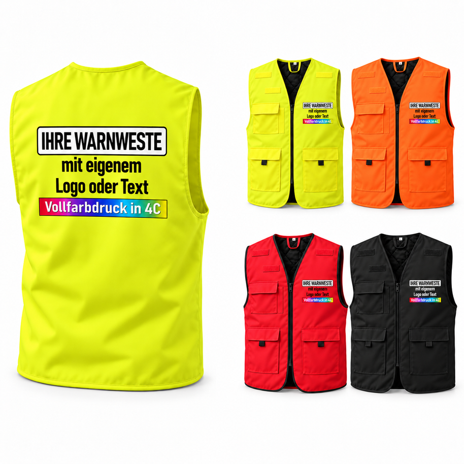 Gefütterte Korntex Arbeitsweste „Kiel“ aus Polyester in Gelb mit schwarzem Besatz, Taschen und individuellem Aufdruck.