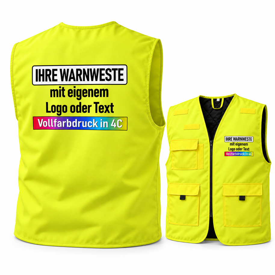 Gefütterte Korntex Arbeitsweste „Kiel“ in leuchtendem Gelb aus Polyester, mit schwarzem Innenfutter, Taschen und individuellem Aufdruck.