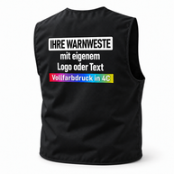 Gefütterte Korntex Arbeitsweste „Kiel“ in Schwarz aus glattem Textil, ärmellos mit großem mehrfarbigem Aufdruck am Rücken.