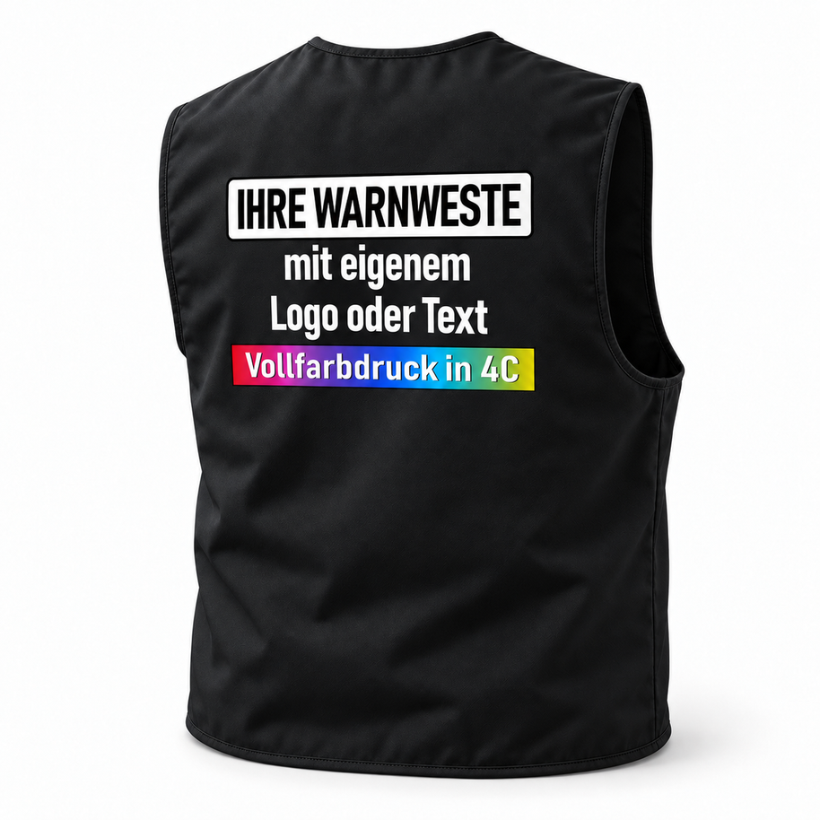 Gefütterte Korntex Arbeitsweste „Kiel“ in Schwarz aus glattem Textil, ärmellos mit großem mehrfarbigem Aufdruck am Rücken.