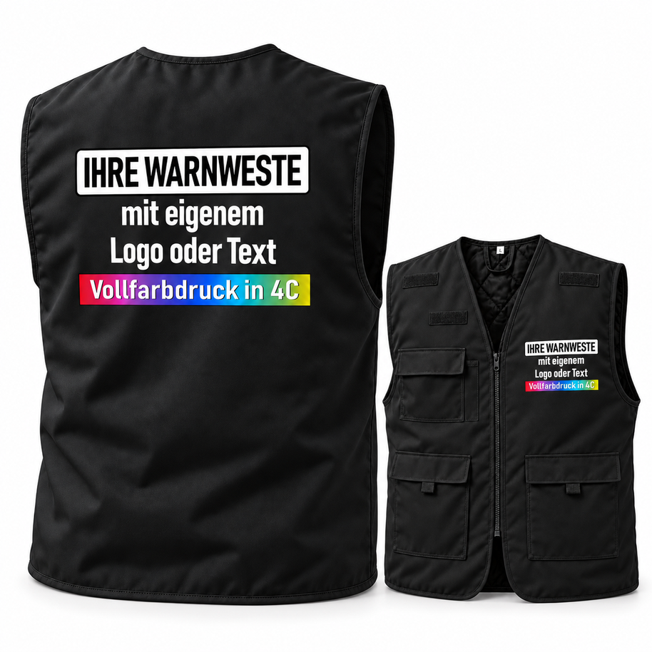 Schwarze gefütterte Arbeitsweste aus Textil mit Reißverschluss, mehreren Taschen und farbigem Aufdruck, Gefütterte Korntex Arbeitsweste „Kiel“