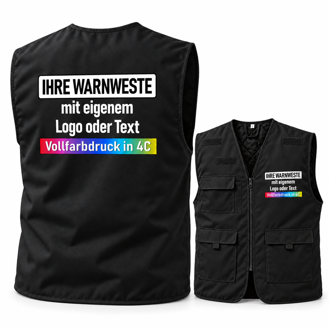 Schwarze gefütterte Arbeitsweste aus Textil mit Reißverschluss, mehreren Taschen und farbigem Aufdruck, Gefütterte Korntex Arbeitsweste „Kiel“