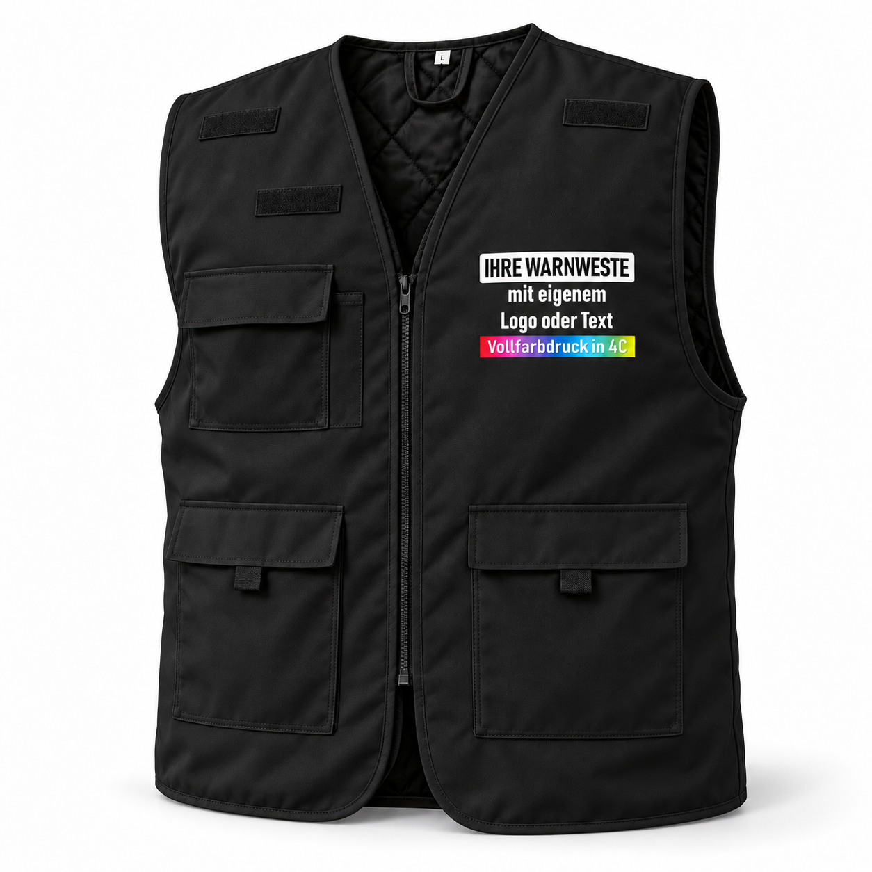 Gefütterte Korntex Arbeitsweste „Kiel“ in Schwarz aus gestepptem Material, mit Reißverschluss und mehreren Taschen.