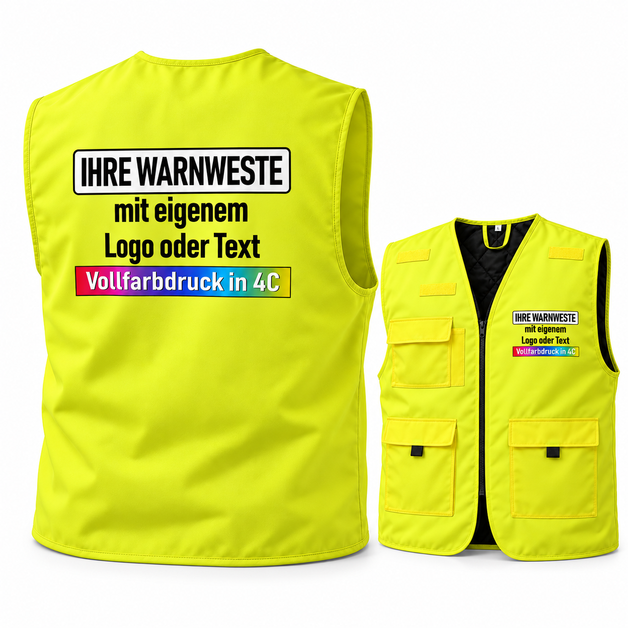 Gefütterte Korntex Arbeitsweste „Kiel“ in leuchtendem Gelb aus Polyester, mit schwarzem Innenfutter, Taschen und individuellem Aufdruck.