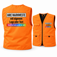 Gefütterte Korntex Arbeitsweste „Kiel“ in leuchtendem Orange, ärmellos mit schwarzen Details und Taschen, bedruckt mit Text.