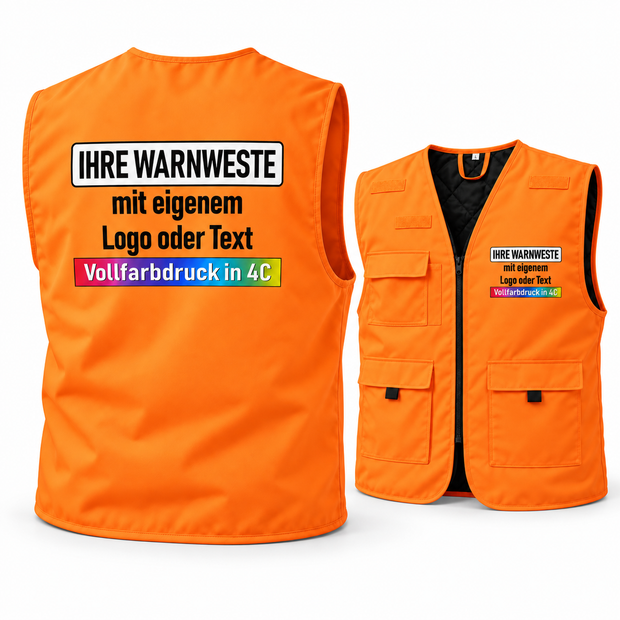 Gefütterte Korntex Arbeitsweste „Kiel“ in leuchtendem Orange, ärmellos mit schwarzen Details und Taschen, bedruckt mit Text.