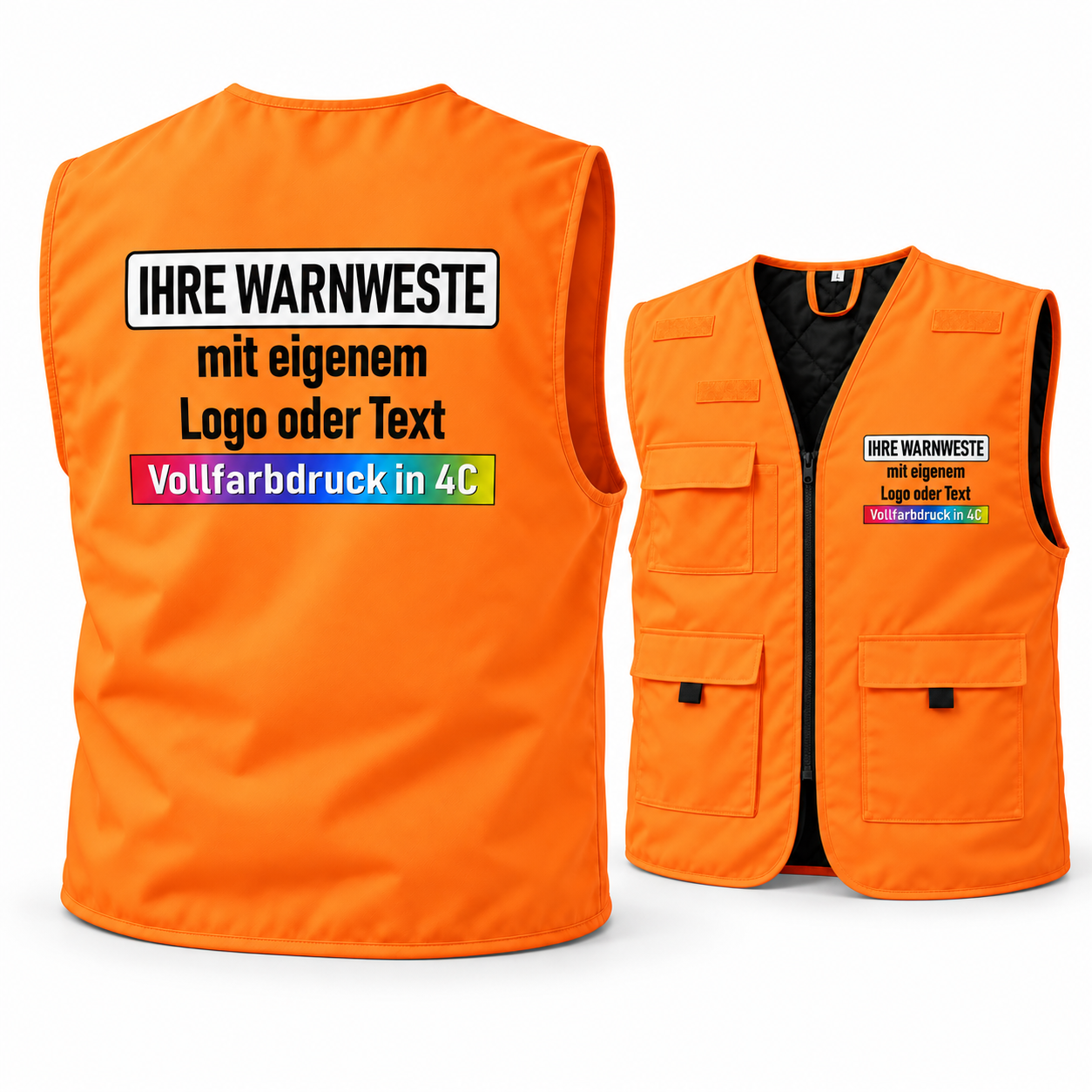 Gefütterte Korntex Arbeitsweste „Kiel“ in leuchtendem Orange, ärmellos mit schwarzen Details und Taschen, bedruckt mit Text.