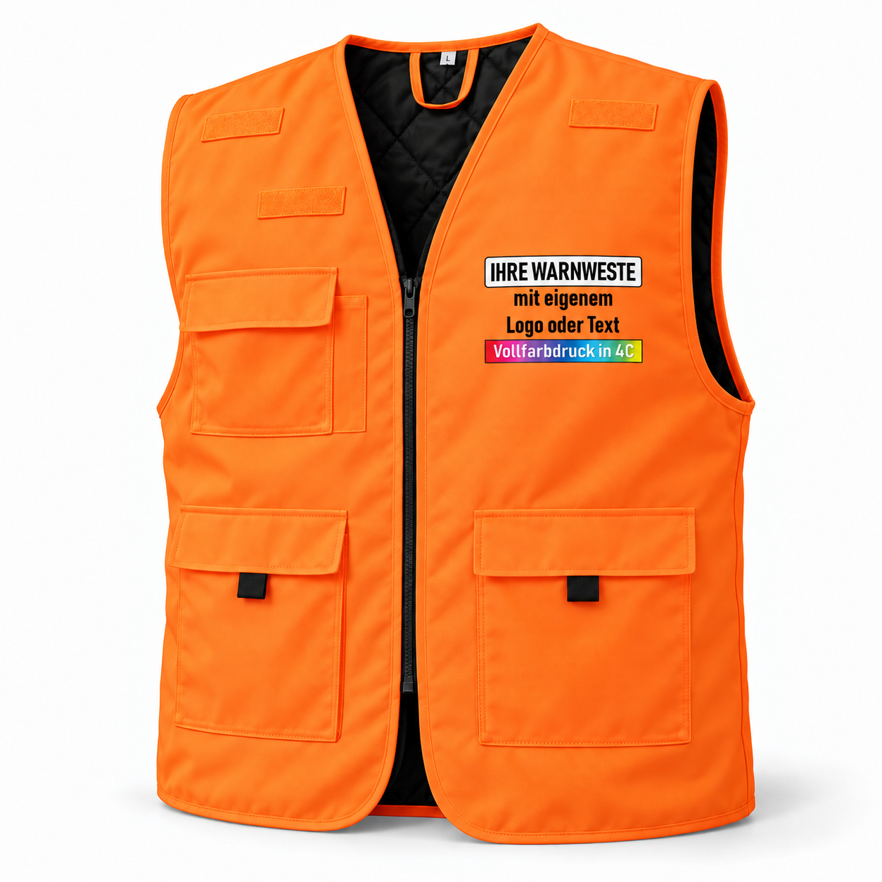 Gefütterte Korntex Arbeitsweste „Kiel“ in Orange aus Polyester mit schwarzem Steppfutter, Reißverschluss und mehreren Taschen.