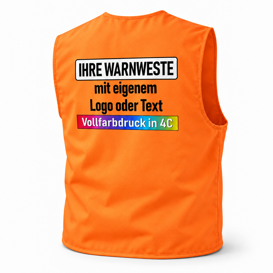 Arbeitsweste in leuchtendem Orange aus glattem Polyester, ohne Reflexstreifen, mit farbigem Aufdruck; Gefütterte Korntex Arbeitsweste „Kiel“