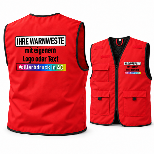 Arbeitsweste Gefütterte Korntex Arbeitsweste „Kiel“ in Rot mit schwarzer Einfassung, Taschen und individuellem Logodruck.