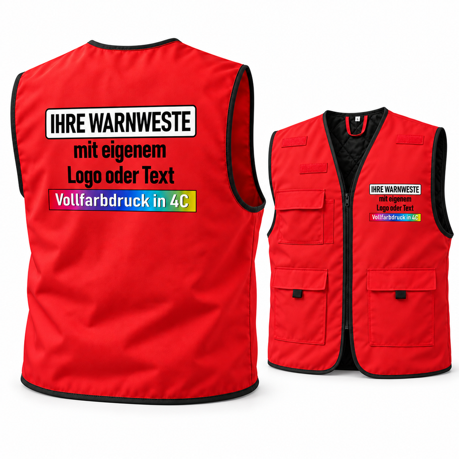 Arbeitsweste Gefütterte Korntex Arbeitsweste „Kiel“ in Rot mit schwarzer Einfassung, Taschen und individuellem Logodruck.
