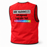 Gefütterte Korntex Arbeitsweste „Kiel“ in leuchtendem Rot aus glattem Textil, mit schwarzem Saum und farbigem Aufdruck.