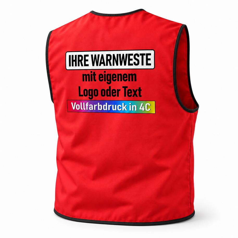 Gefütterte Korntex Arbeitsweste „Kiel“ in leuchtendem Rot aus glattem Textil, mit schwarzem Saum und farbigem Aufdruck.