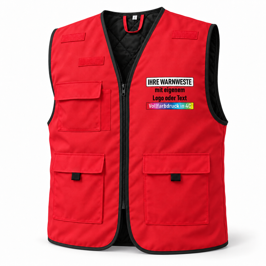 Gefütterte Korntex Arbeitsweste „Kiel“ in Rot und Schwarz, mit Steppfutter, Reißverschluss und mehreren Taschen.