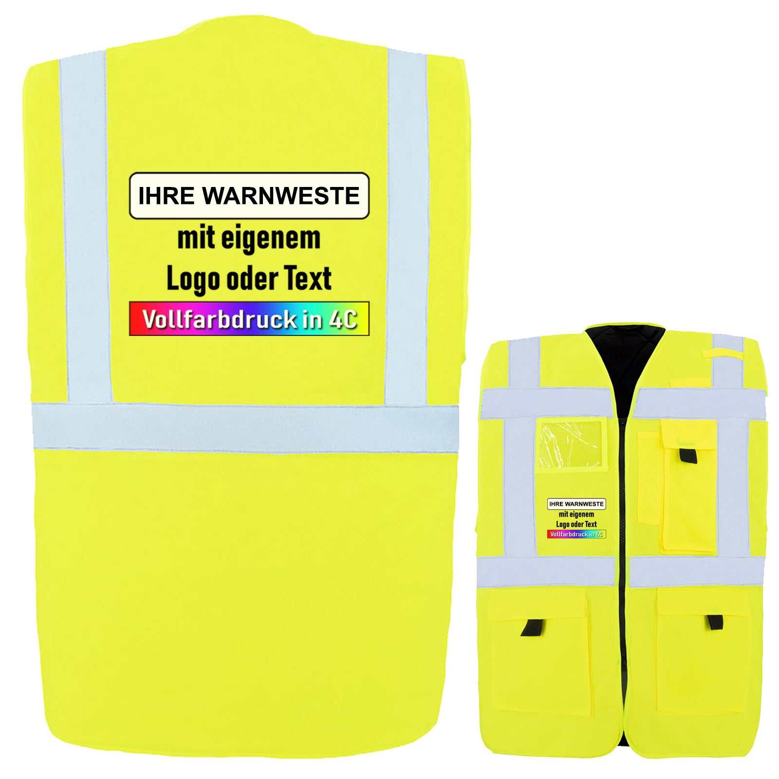 Gefütterte Warnweste Comfort-Fit Wismar in Gelb mit reflektierenden Streifen, individuell bedruckbar mit Logo oder Text, EN 17353 zertifiziert