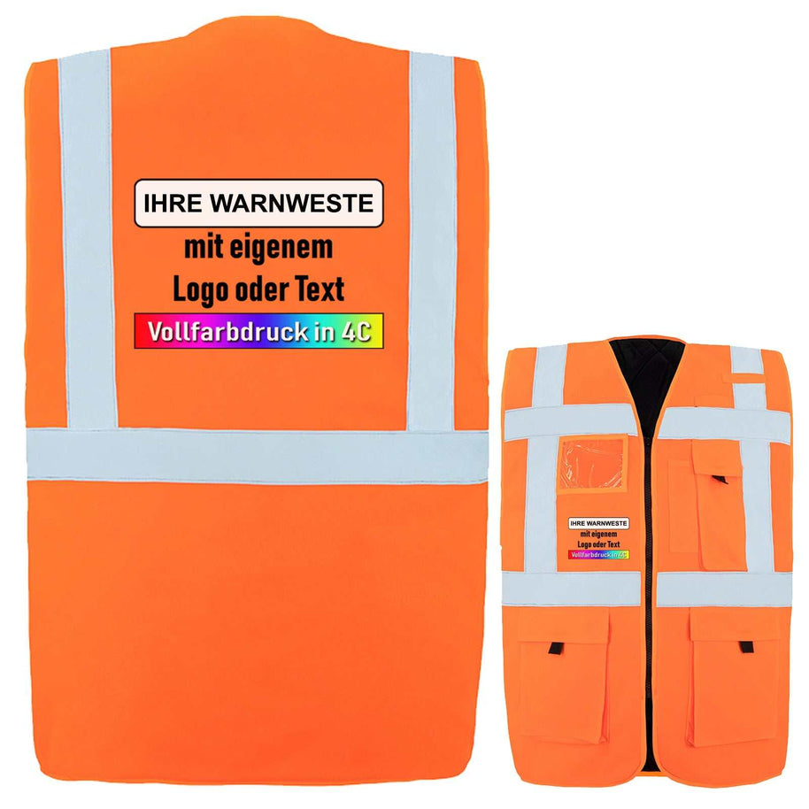 Gefütterte Warnweste Comfort-Fit „Wismar“ mit reflektierenden Streifen und individuellem Aufdruck, 100% Polyester, zertifiziert nach EN 17353, in Orange