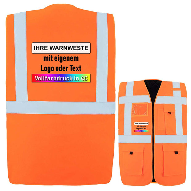 Gefütterte Warnweste Comfort-Fit „Wismar“ mit reflektierenden Streifen und individuellem Aufdruck, 100% Polyester, zertifiziert nach EN 17353, in Orange