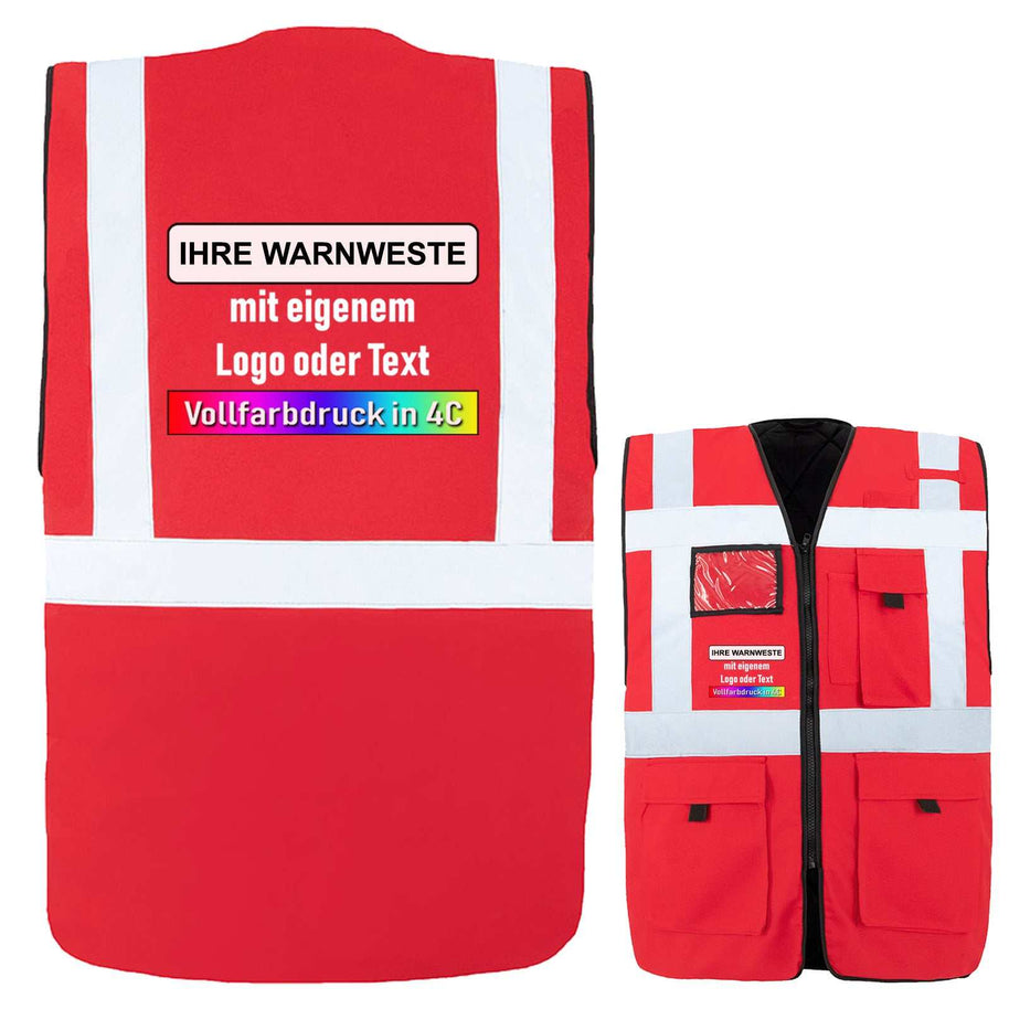 Gefütterte rote Warnweste Comfort-Fit Wismar mit reflektierenden Streifen und individuellem Logo- oder Textdruck