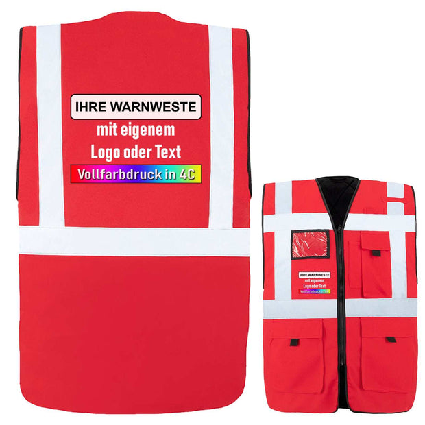 Gefütterte rote Warnweste Comfort-Fit Wismar mit reflektierenden Streifen und individuellem Logo- oder Textdruck