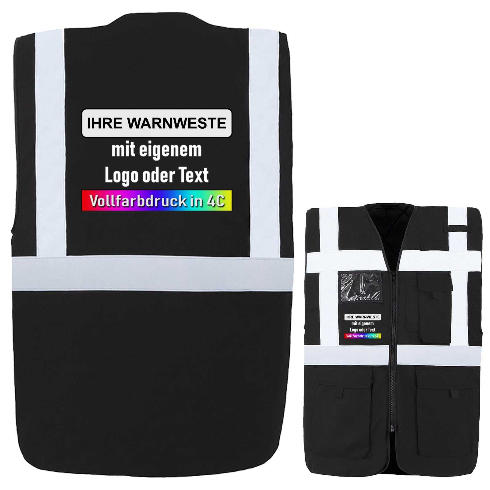 Gefütterte Warnweste Comfort-Fit Wismar schwarz mit reflektierenden Streifen und individuellem Text- oder Logodruck